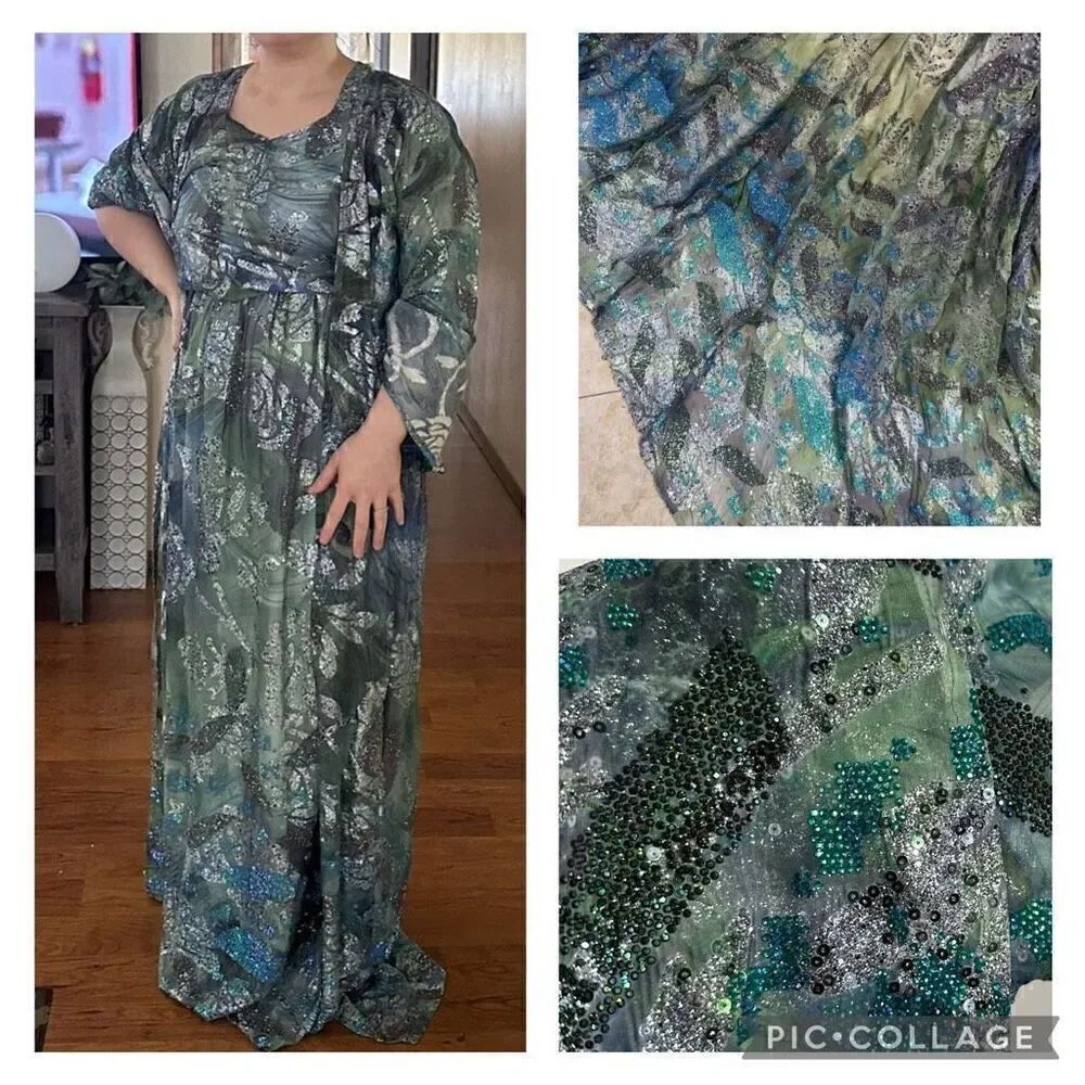 Bejeweled glitter embellished floor length maxi dress & duster jacket set
